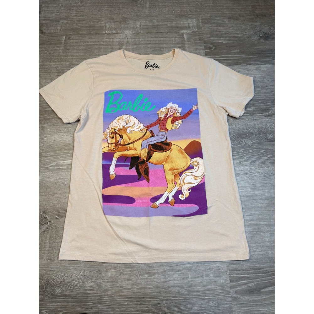 Barbie Western Horse Graphic Tee Tan Short Sleeve Crewneck T-Shirt Womens L